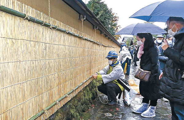 土塀に薦を取り付ける職人＝４日午前１１時５分、金沢市の長町武家屋敷跡