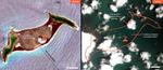 国連衛星センターが公開した噴火前（左、２０２１年１２月８日）と噴火後（２２年１月１７日）のトンガの海底火山の衛星写真（右は（Ｃ）ＣＮＥＳ（２０２１）ｄｉｓｔｒｉｂｕｔｉｏｎ　Ａｉｒｂｕｓ　Ｄ＆Ｓ提供・共同）