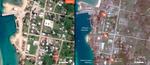 国連衛星センターが公開したトンガ・ハアパイ諸島の町の噴火前（左、２０２０年４月１９日）と噴火後（２２年１月１７日）の衛星写真（右は（Ｃ）ＣＮＥＳ（２０２１）ｄｉｓｔｒｉｂｕｔｉｏｎ　Ａｉｒｂｕｓ　Ｄ＆Ｓ提供・共同）