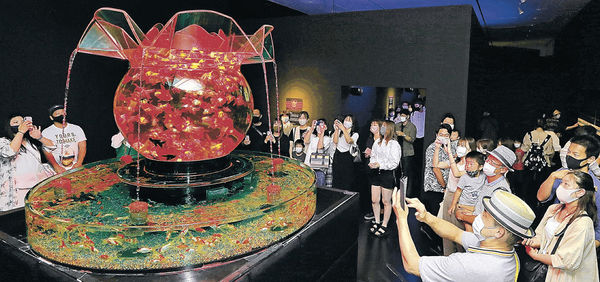 金魚と光が融合したアートに浸る来場者＝金沢２１世紀美術館